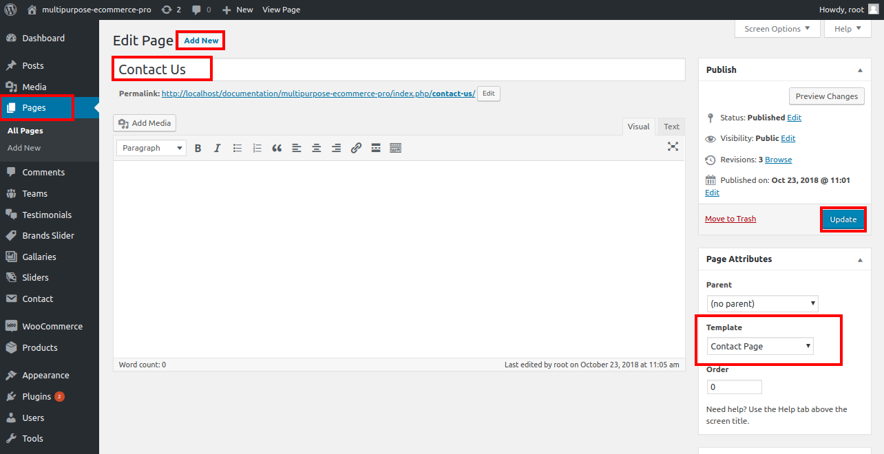 select Contact Page template